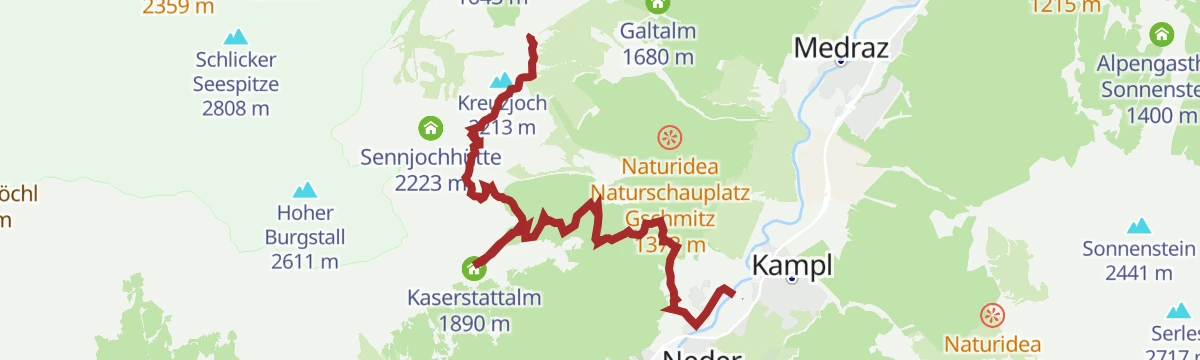 Route map: Kreuzjoch - Knappenhütte - Kaserstattalm - Pfurtschell - Kampl